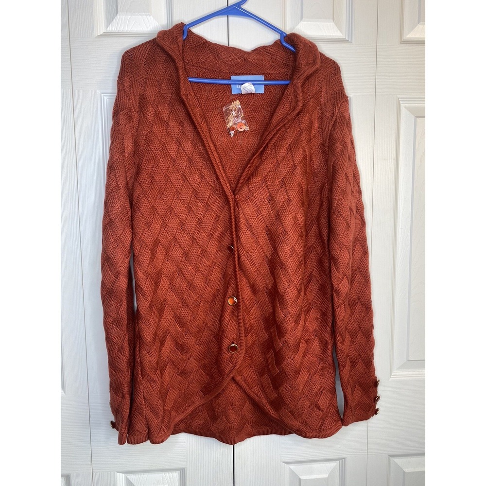 Cardigan Sweater Button Front Basket Weave Knit Burnt Orange Women's NOS Sz M